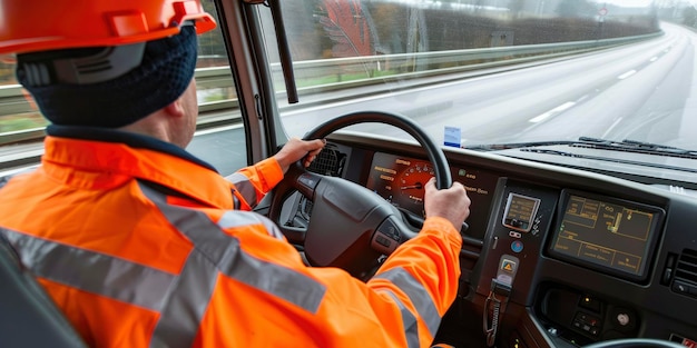 En la carretera El conductor de un camión o un camión de descarga detrás del volante en la cabina con un traje naranja con rayas reflectantes para la seguridad