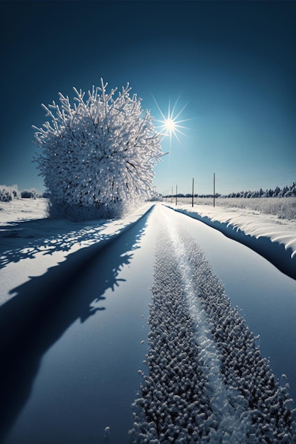 Carretera cubierta de nieve junto a un árbol generativo ai