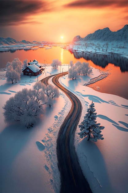 Carretera cubierta de nieve junto a un cuerpo de agua generativa ai