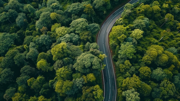 Carretera curvilínea empapada de lluvia en medio de un bosque verde exuberante IA generativa