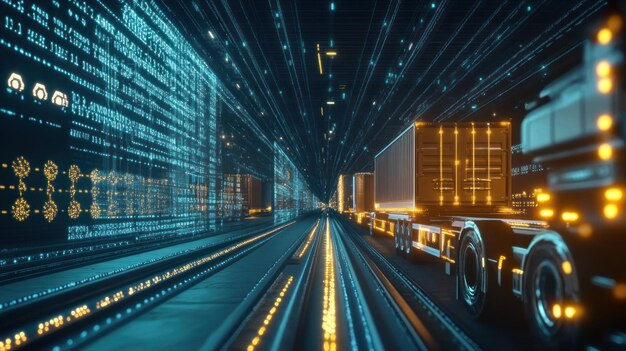 Carretera digital con camión y paredes de código de datos