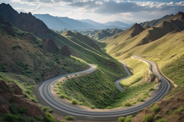 Carretera escénica con curvas sinuosas y vistas panorámicas de las montañas creadas con ai generativo