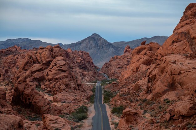 Carretera escénica en el desierto durante un amanecer nublado