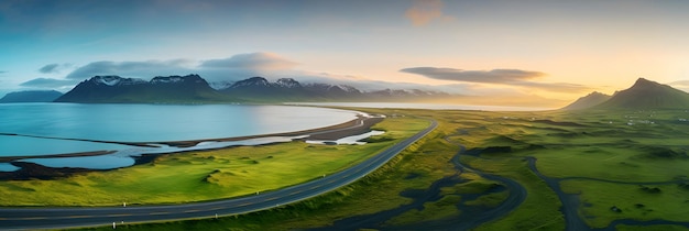 Carretera escénica en Islandia hermosa naturaleza paisaje panorama aéreo montañas y costa al atardecer