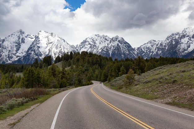 Carretera escénica rodeada de montañas y árboles en el paisaje americano.