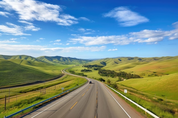 Carretera escénica con vistas a las colinas ondulantes y cielos azules creados con IA generativa
