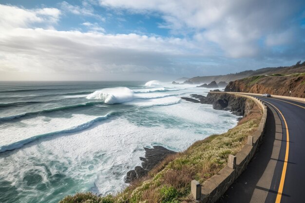 Foto carretera escénica con vistas a las olas que se estrellan y al mar creada con ai generativo