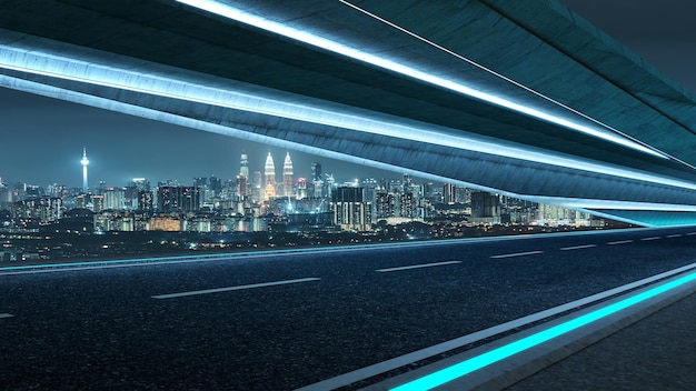 Carretera de estilo futurista con luz de neón azul y fondo de paisaje urbano.