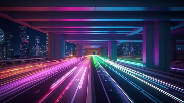 Carretera de estilo futurista con luz de neón azul Ilustración futurista de tecnologías futuras IA generativa