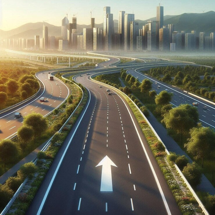 una carretera con una flecha que señala a la derecha