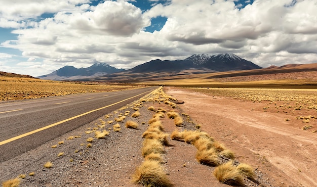 Carretera, hierba seca y volcán en el desierto de Atacama en Chile con paisaje amarillo y azul