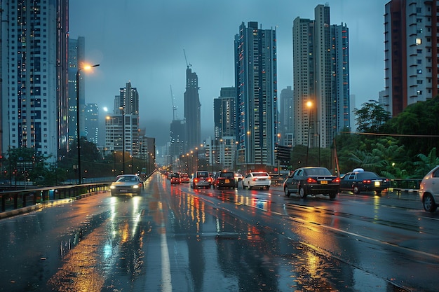 Carretera húmeda después de la lluvia en la ciudad en clima nublado