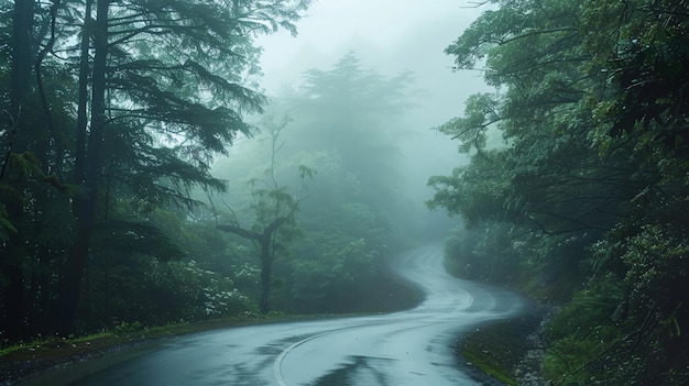 La carretera húmeda de niebla verde oscuro atraviesa el bosque después de la lluvia