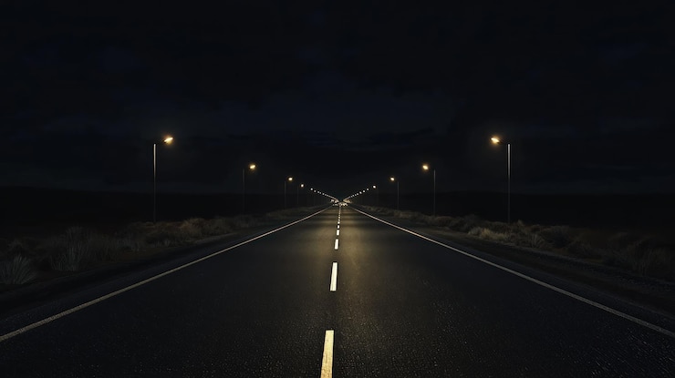 Foto una carretera iluminada con farolas que se extienden en la distancia por la noche