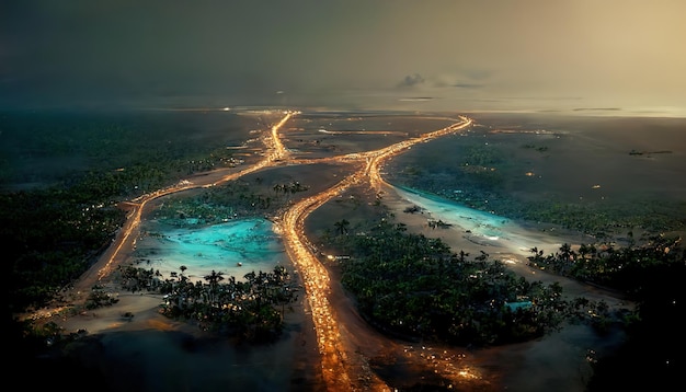 Carretera iluminada por la noche cerca de las orillas del mar con palmeras