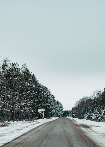 carretera en invierno. hermoso camino por el bosque. Paisaje de invierno. Camino vacio