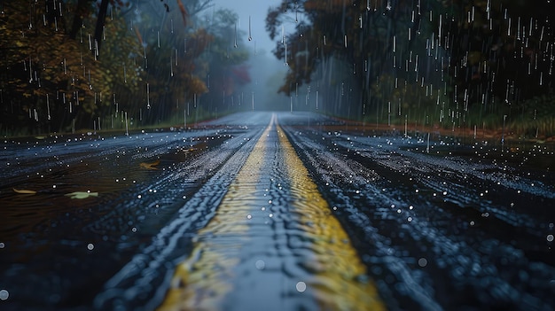 La carretera de la lluvia húmeda cae