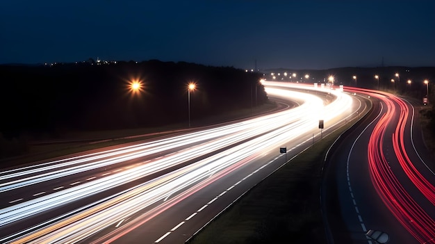 Una carretera con luces encendidas y una farola en el lado derecho.