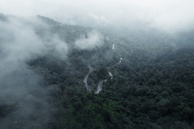 Carretera de montaña en días lluviosos y brumosos, Camino a Pai