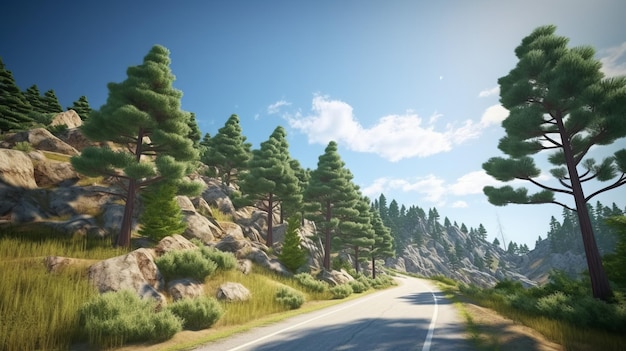 Carretera de montaña con pinos y cielo azul