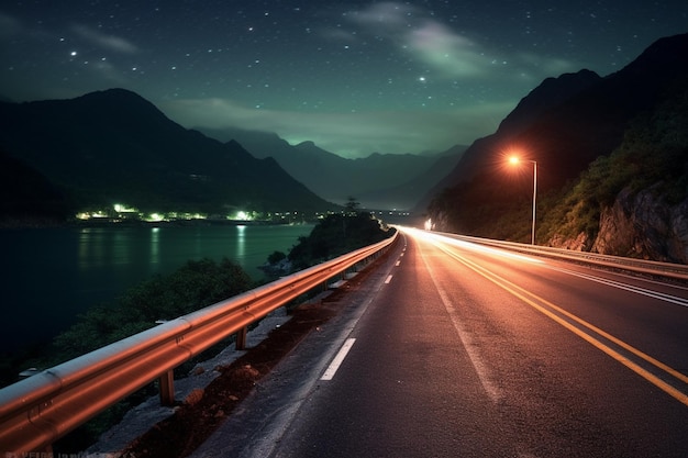 Carretera en las montañas por la noche con fondo de cielo estrellado