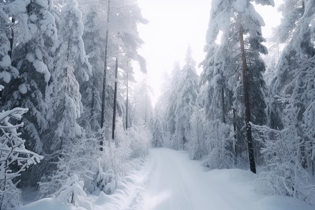 Una carretera se muestra en una toma de ángulo alto de Finlandia flanqueada por árboles y cubierta de nieve.