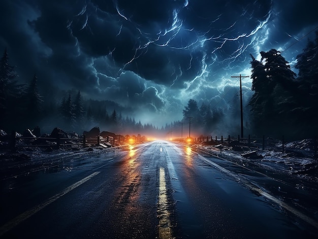 Carretera en la noche con fuertes lluvias y relámpagos