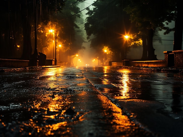 Carretera en la noche con fuertes lluvias y relámpagos
