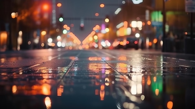 Carretera de noche con luces de colores. Fondo de ciudad borrosa. Ai generativo.