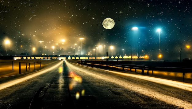 carretera por la noche, luz de la ciudad reflejo borroso en el horizonte camino cielo estrellado y luna