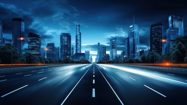 una carretera nocturna de la ciudad con faros de coche en llamas