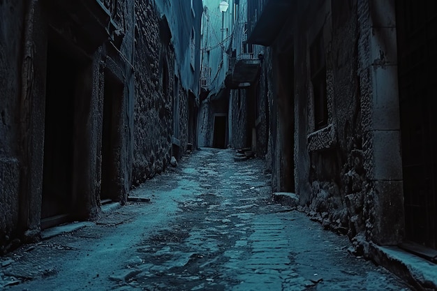 Carretera o callejón de medianoche en una ciudad muy antigua zona antigua abandonada de la ciudad con edificios de piedra o ladrillo sin luces de calle