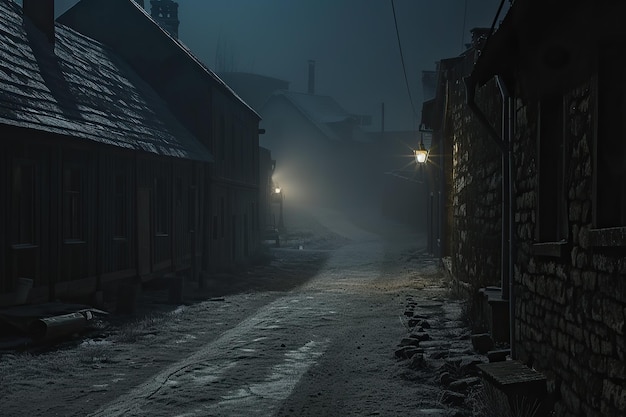 Carretera o callejón de medianoche en una ciudad muy antigua zona antigua abandonada de la ciudad con edificios de piedra o ladrillo sin luces de calle