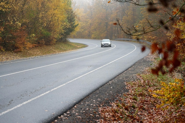 Carretera en otoño Conducción de automóviles neblinosa y peligrosa en la temporada de invierno Mal tiempo con lluvia y tráfico en la carretera Concepto de tráfico y seguridad vial