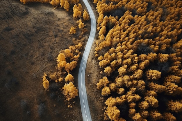 carretera en otoño en el estilo de paisajes fotorrealistas fotografía aérea