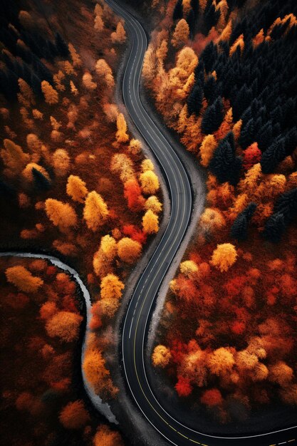 carretera en otoño en el estilo de paisajes fotorrealistas fotografía aérea