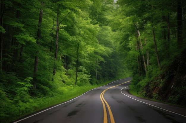Carretera panorámica rodeada de exuberantes bosques verdes creados con AI generativa