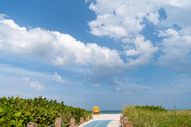 Carretera de pasarela vacía que conduce a la playa de verano