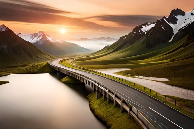 Una carretera con un puente y montañas al fondo.