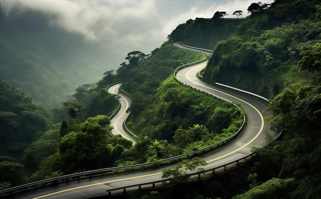 una carretera que discurre a lo largo de una exuberante zona verde al estilo de curvas de latigazo cervical