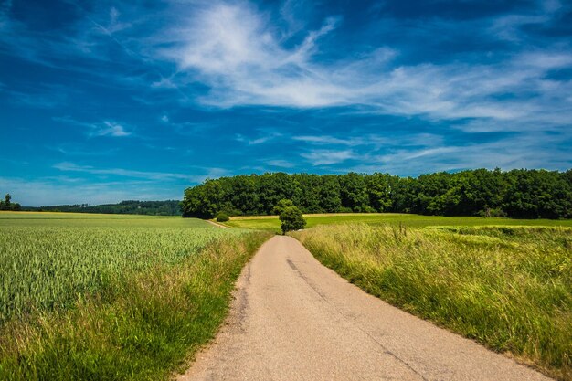 Foto carretera que pasa por un campo agrícola contra el cielo