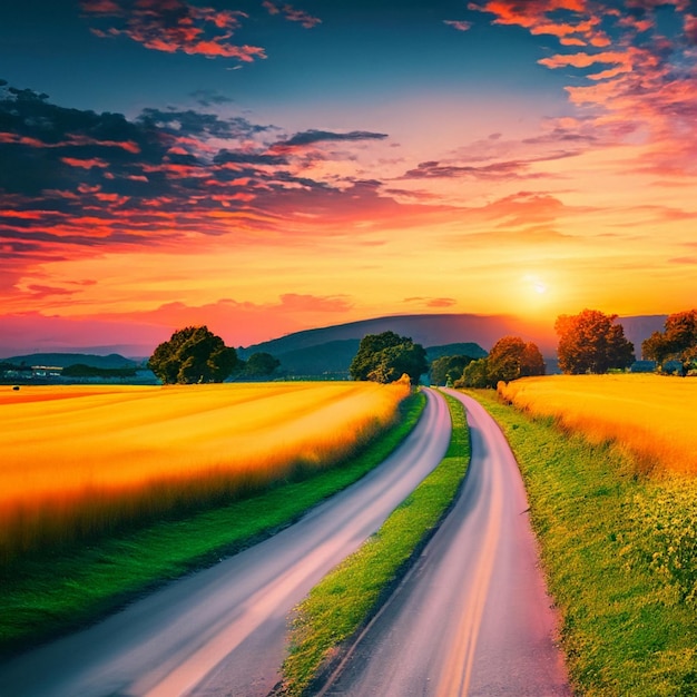 Carretera rural con una hermosa fotografía de paisaje con vista al atardecer