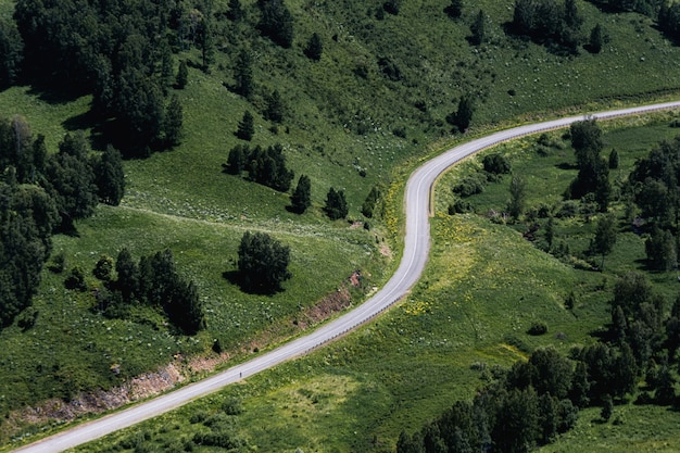 Carretera serpenteante de asfalto entre colinas verdes