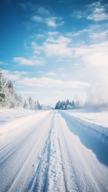 Carretera soleada de invierno cubierta de nieve AI generativa