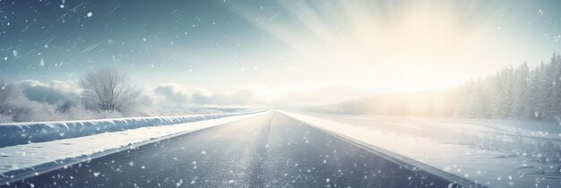 Carretera soleada de invierno cubierta de nieve AI generativa