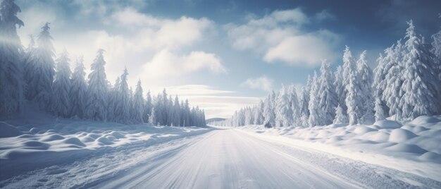 Carretera soleada de invierno cubierta de nieve AI generativa