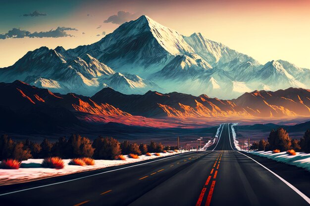 Carretera temprano en la mañana y hermosas montañas.