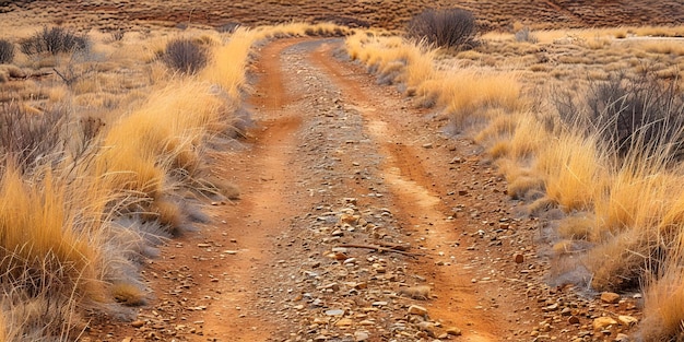 Foto la carretera de tierra seca con hierba dispersa que lucha en la sequía resultó tan mala causa de la escasez de agua concepto de sequía escaseo de agua ruta de tierra seca que lucha con la hierba impacto ambiental