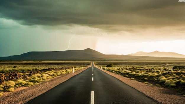 Una carretera con una tormenta de fondo