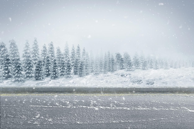 Carretera vacía con árboles nevados y fondo de nevadas